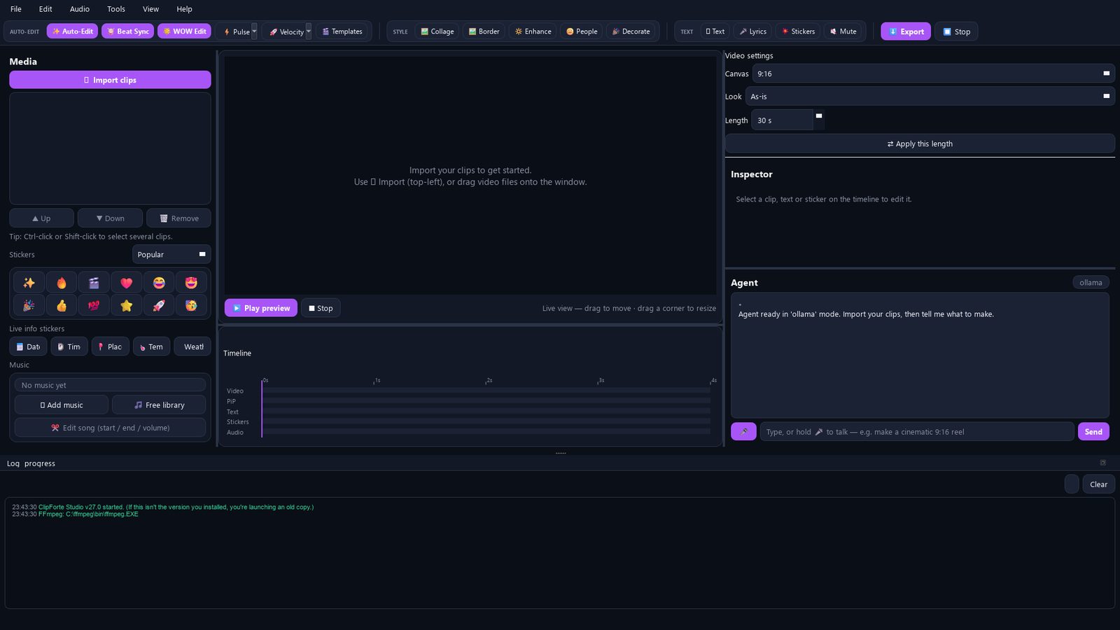 The ClipForte Studio window: media panel with clips and stickers, preview and multi-track timeline, and the agent chat panel on the right.