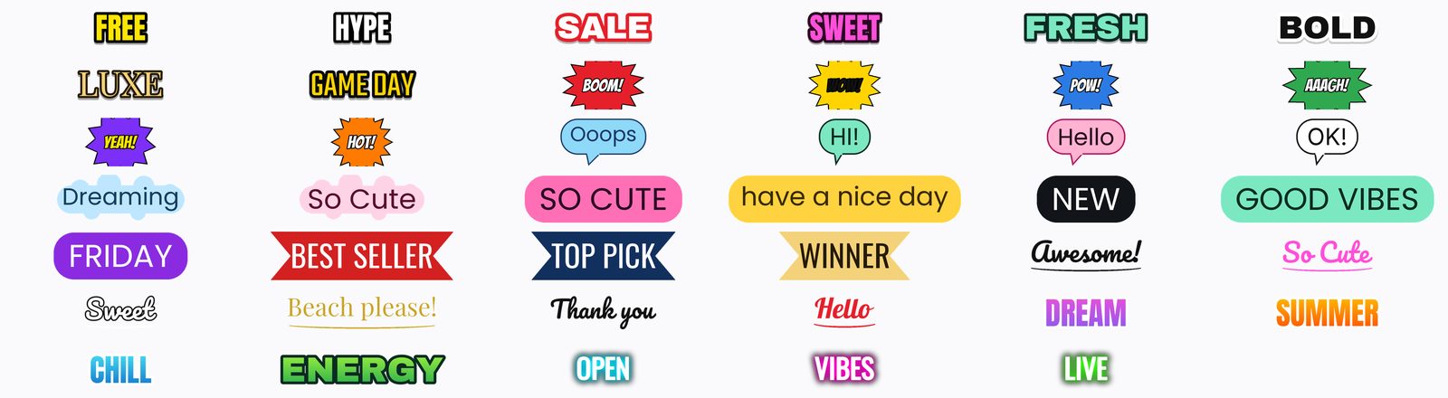 A sheet of ClipForte text sticker styles: bold outlines, comic bursts, speech bubbles, badges, ribbons, script lettering, gradients and neon.