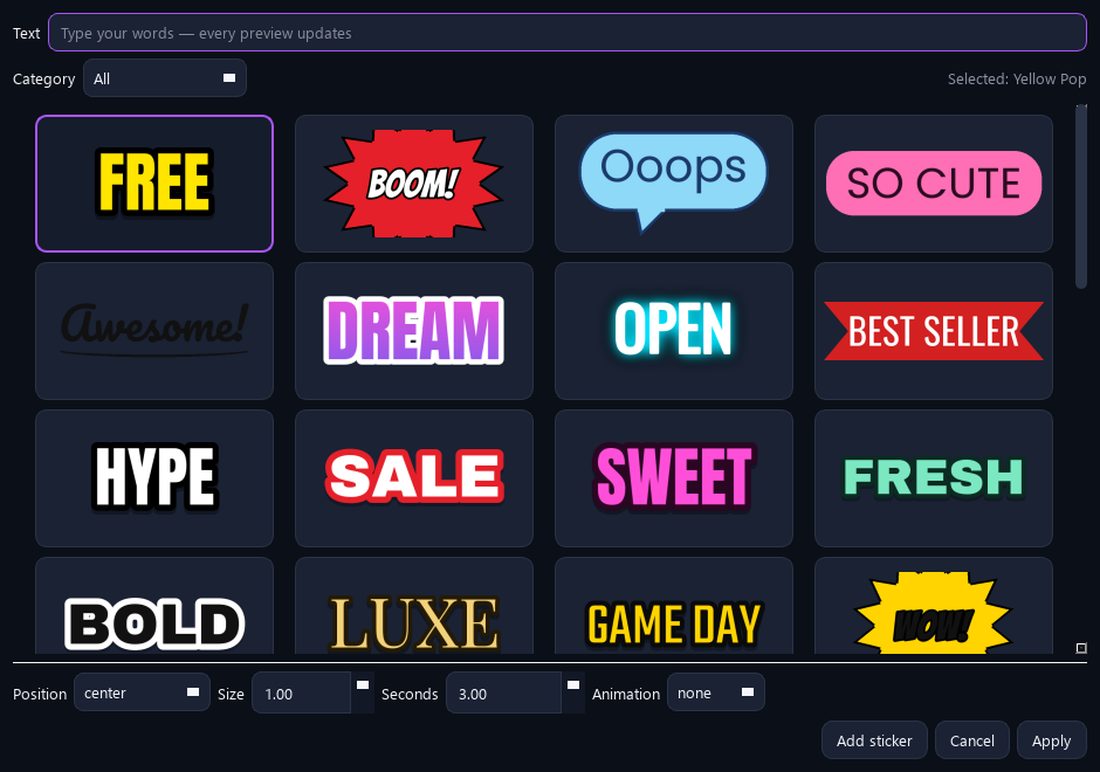 ClipForte's sticker picker: a grid of live previews including FREE, BOOM!, Ooops in a speech bubble, SO CUTE, DREAM, OPEN in neon and BEST SELLER on a ribbon.